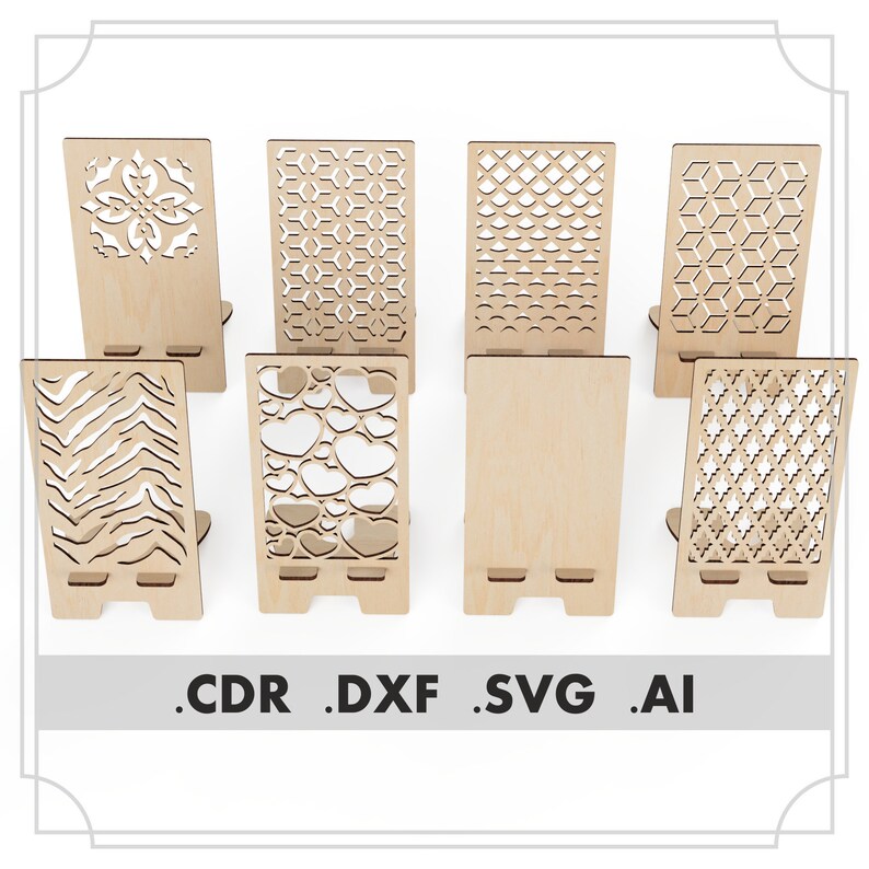 Download Phone Stand SVG Eight Styles. Laser cut files. Scroll saw ...