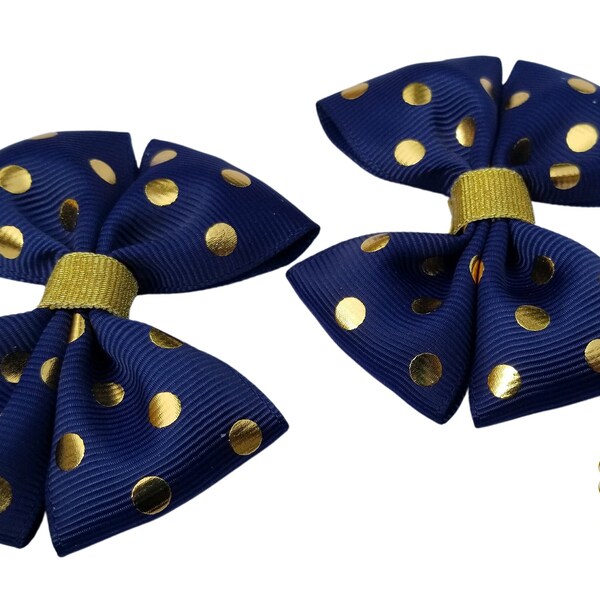 Hair Bow Navy Gold Polkadots Your choice of a single bow or a Set of 2 Cute piggy tails.