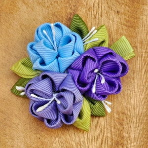 Blue Orchid Purple Kanzashi 3 mini  flowers hair clip cherry blossom   Sakura, Piggy tails Wedding  Flower girl Yukata. Pick your color
