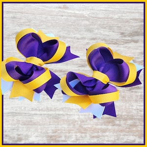 Purple, Yellow gold, white Boutique Hair Bow, Pick your Colors Layered hair bow   Team Spirit single bow or Set of 2 girl  hair accessories