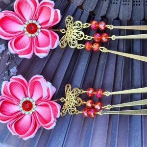Rode set van 2 handgemaakte Kanzashi kersenbloesem bloem haarclip met kwastjes, Sakura haarclip, Tsumami stijl, kimono. bruiloft, festival,