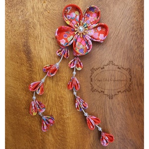Red Kanzashi Sakura Hair Clip: Tsumami Cherry Blossom, Yukata Kimono