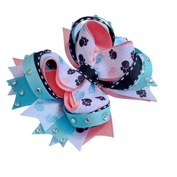 Dog Cat paws Pink  Blue rhinestone Single or Set of 2 layered Boutique hair bows  Pigtails girl toddler  4.5 inches Alligator clip