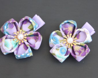 Handmade Violet blue Kanzashi cherry blossom flower hair clip. Sakura Hair flower clip. Kimono, Yukata, Wedding