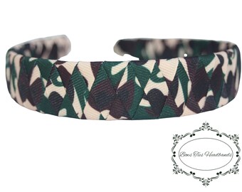Camo  woven ribbon headband Back to school. One inch half inch girl camouflage green khaki