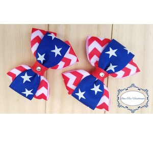 Patriotic Red, White and blue small layered  2.5&quot; boutique hair bows  rhinestone, toddlers, big girls. Piggy tails alligator clip. USA flag