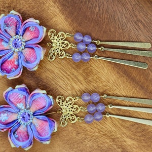 Purple Orange Set of 2 Handmade  Kanzashi Sakura Cheery  blossom flower hair clip with tassels, Tsumami style,  Kimono. wedding, festival ,