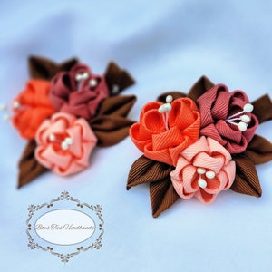 Coral apricot shadow Kanzashi 3 mini flowers cherry blossom  hair clip  Piggy tails Wedding  Flower girl  picture day