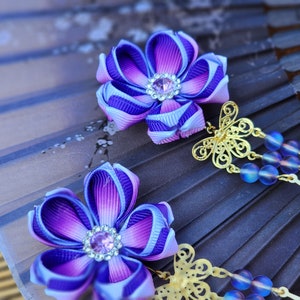Purple Orange Set di 2 fermagli per capelli fatti a mano Kanzashi Sakura fiore di ciliegio con nappe, stile Tsumami, Kimono. matrimonio, festa,