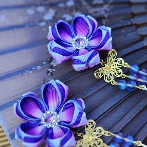 Purple Orange Set of 2 Handmade  Kanzashi Sakura Cherry  blossom flower hair clip with tassels, Tsumami style,  Kimono. wedding, festival ,