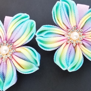 Blue Pink Handmade Multicolor Kanzashi cherry blossom flower hair clip Sakura Tsumami style, Yukata. Kimono. wedding, festival , Party favor