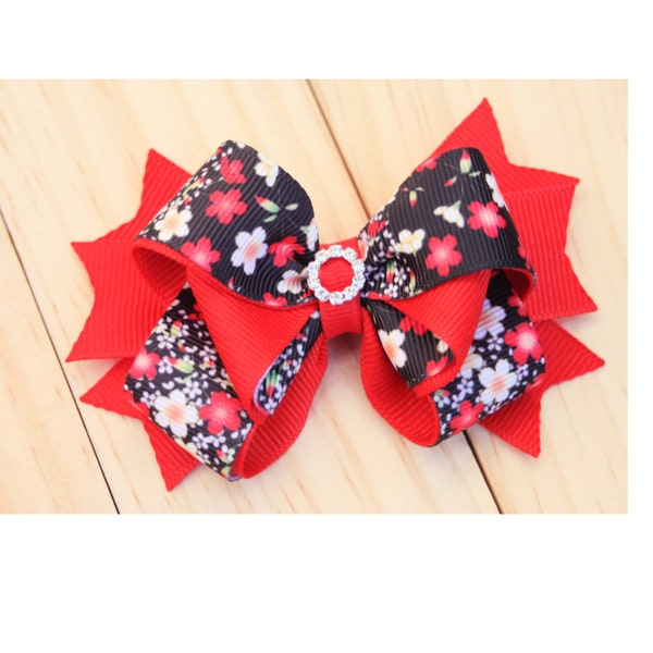 Kanzashi Hair bows Black and Red,  Boutique Hair Bows, Piggy tails, Hair Bows for all occasions bows Headband. Set of 2. Single Bow Layered