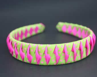 Twisted  ribbon headband. Back to school. polka dots applegreen  and   hot pink  colors one inch wide