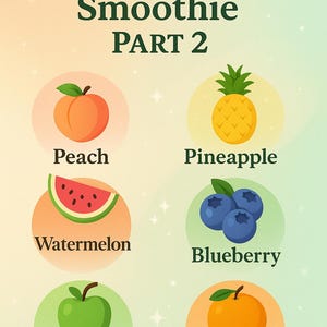 Puede incluir: Gráfico colorido que promociona un batido para ganar peso, con ilustraciones de un melocotón, piña, sandía, arándanos, manzana verde y naranja. El texto "Gain Weight Smoothie PART 2" está en la parte superior.