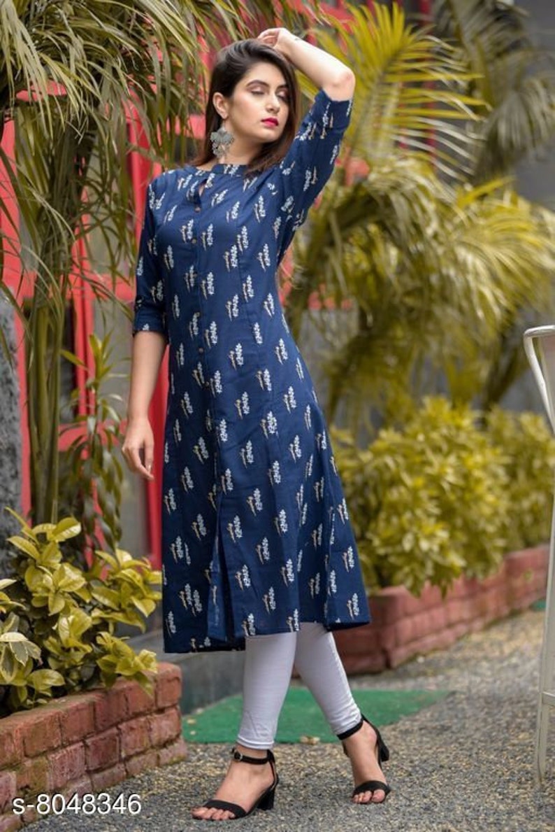 Ethnic Straight Blue Ladies Kurti with Printed pattern Indian Kurti Rayon Kurti Dress Designer Dress Women dress