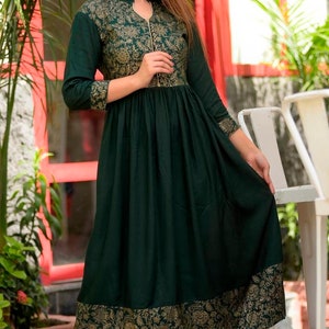 Ethnic Anarkali Green Ladies Kurti with Golden Printed pattern Indian Kurti Rayon Kurti Dress Indian Kurti Designer Dress Women dress