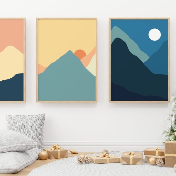 Set of 3 Abstract Sun Poster, Sun and Moon Boho Poster Print Set of 3, Day and Night Mountains Poster Wall Art for Living Room - NO FRAME
