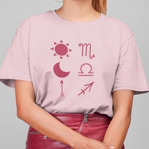 Camisa zodiacal personalizada, luna solar y camiseta de signo ascendente, regalo de astrología personalizado, regalo de cumpleaños del horóscopo, regalo de carta natal unisex, tres grandes