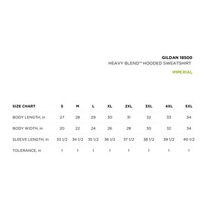 Peut inclure: Tableau des tailles pour un sweat &agrave; capuche Gildan 18500 Heavy Blend en mesures imp&eacute;riales. Le tableau montre les tailles S &agrave; 5XL avec les mesures de la longueur du corps, de la largeur du corps, de la longueur des manches et de la tol&eacute;rance en pouces.