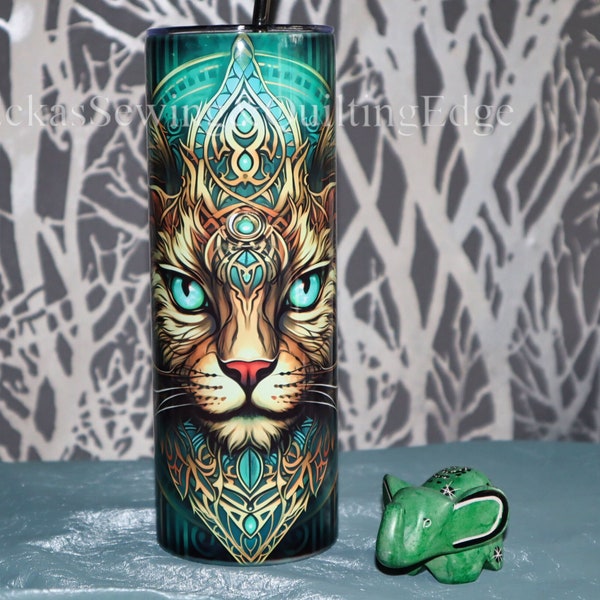 LUXUSTUMBLER mit Lynx/Luchs-Steampunk-Gothic-Edelmotiv, sehr detailliert, fullwrap, 20 OZ, 590ml, THERMOFUNKTION heiß/kalt, handmade von mir