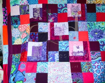 Coperta per gatti Floral COFFEE FASSETT Designer, circa 150 x 200 cm, pezzo unico fatto a mano, ritratti di gatti, retro in pile benessere, imbottitura in pile voluminoso.