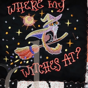 Halloween CATQUILT Purrs & Boos Moda Fabric, Unikat, Katzenquilt, Cats and Witches, Pumpkin Quilt, ca. 150x200cm, 15 Stickmotive