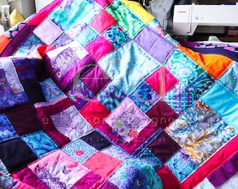 Trapunta con motivo floreale COFFEE FASSETT Designer CAT QUILT, circa 150 x 200 cm, pezzo unico fatto a mano, ritratti di gatti, retro in pile benessere, pile voluminoso, trapunta con gatti