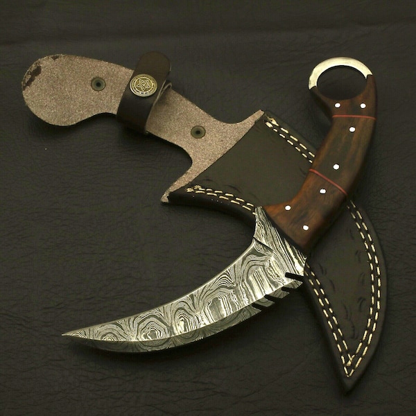 Custom Hand Forged Damascus Steel Karambit Knife Full Tang Buffalo horn and Camel Bone Handle + Sheath