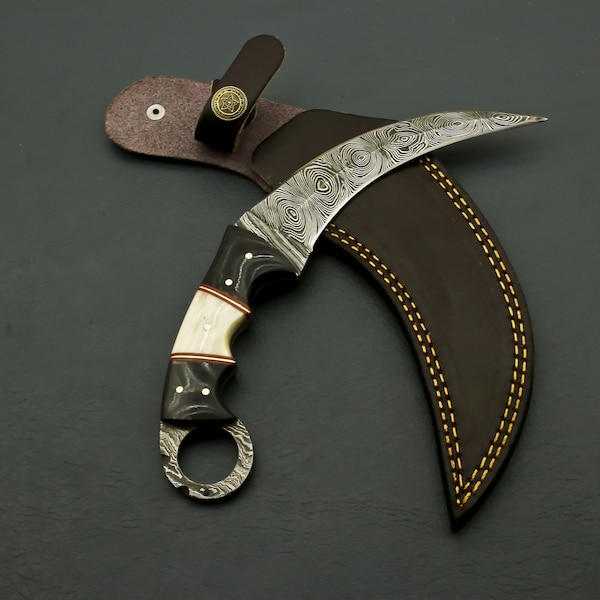Custom Hand Forged Damascus Steel Karambit Knife Full Tang Buffalo horn and Camel Bone Handle + Sheath