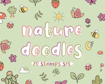 Natur Doodles Procreate Stempel Pinsel Set | Digitaler Download | Einfache Doodles Stempel | Blütenpinsel für Procreate | Doodle Tiere Stempel