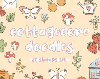 Cottagecore Doodles Procreate Stempelpinsel-Set | Digitaler Download | Doodles Stempel | Blumen Pinsel für Procreate | Niedliche Doodle Stempel