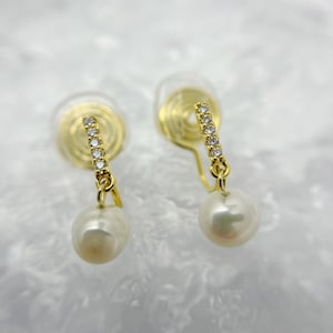 Diamond Huggies Pearl Drop Invisible Clip On Earrings for Women, Classic Tiny Pearl Gold Dangle Clip On Earrings, Pearl Bridal Earrings
