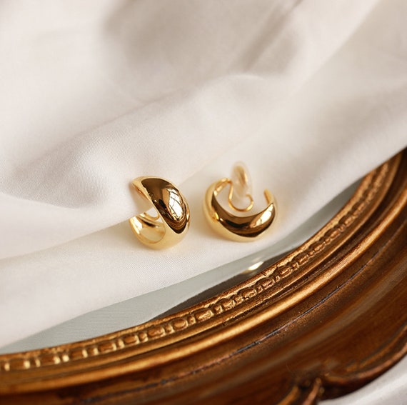 14K Tiny Chunky Gold Hoops Gold Clip on Hoops Korean Fashion