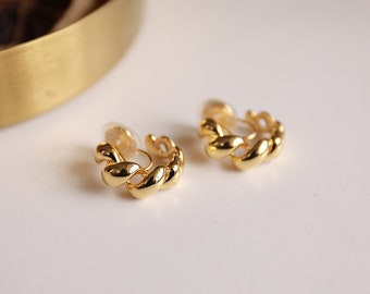 14K Gold Twisted Hoop Clip On Earrings, Chunky Gold Hoop Earrings, Bold Twisted Hoops, Invisible Clip On Earrings, Korean Fashion Earrings