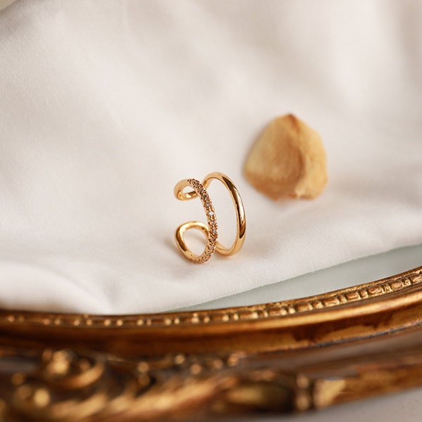 16K Gold Diamond Double Band Adjustable Ring, Thin Gold Ring Band, Round Gold Ring, Diamond Ring, Minimalist Gold Ring, Korean Fashion Ring