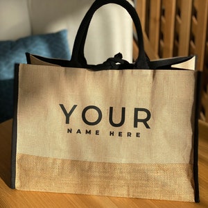 Personalized Jute Burlap Tote Bag Customized Jute Shopping Totes Top Handle Handbags Add Your Name to High Quality Natural Tote Bags image 5