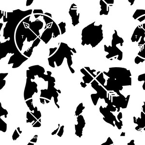 Peut inclure: Motif abstrait noir et blanc avec un motif répétitif de formes irrégulières et un symbole de boussole avec des flèches.