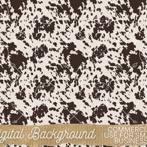 Peut inclure: Un motif de fond numérique sans couture avec un imprimé de peau de vache brun et blanc. Le motif est parfait pour créer des designs rustiques, occidentaux ou de style ferme.