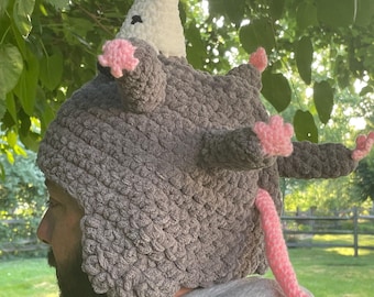 Made to Order Crocheted Dead Opossum Adult Sized Hat | Warm Winter Hat | Animal Plush Hat | Silly Beanie Hat | Funny Gift | Costume Hat
