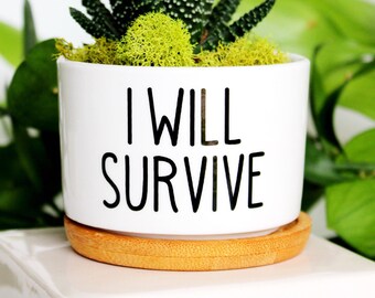 I will survive, funny planter, succulent planter, get well soon gift, black thumb, green thumb, plant lover