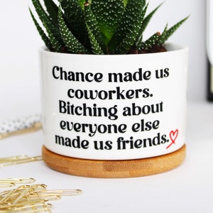 May include: White ceramic planter with a bamboo base. The planter has black text that reads "Chance made us coworkers. Bitching about everyone else made us friends." with a red heart symbol.