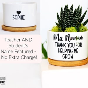 May include: White ceramic planter with a bamboo base, featuring the text "Ms. Noonan, THANK YOU FOR HELPING ME GROW". The planter is decorated with a small green succulent plant.