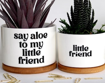 Say aloe to my little friend and little friend | funny planters | funny plant pot | funny planter | pun pots | plant pun | say aloe