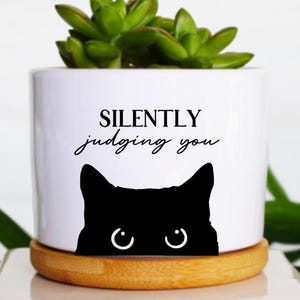 Peut inclure: Pot de fleurs en céramique blanche avec un chat noir et le texte "SILENTLY judging you". Le pot contient une plante succulente verte et repose sur un dessous de plat en bois. Un article décoratif amusant.