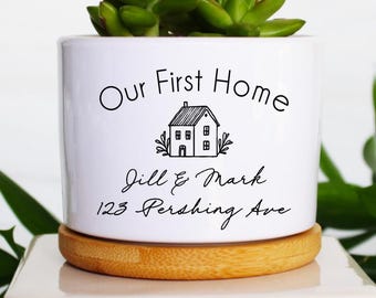 Our First Home personalized planter pot, custom address and date, ceramic housewarming planter