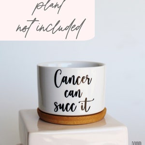 May include: White ceramic planter with the text "Cancer can succ it" in black script. The planter sits on a round, natural wood saucer. A light pink banner above reads "plant not included".