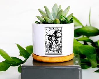 tarot witch planter pot | tarot card witch decor | witchy decor | cute witch decoration | pretty witch | halloween witch and black cat