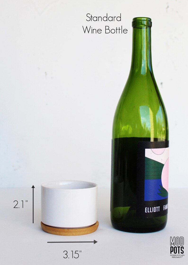 Puede incluir: Una maceta de cer&aacute;mica blanca con una base de madera, que mide 2,1 pulgadas de alto y 3,15 pulgadas de ancho, junto a una botella de vino verde est&aacute;ndar con una etiqueta colorida. La etiqueta presenta un dise&ntilde;o geom&eacute;trico con colores rosa, azul y verde. La etiqueta tambi&eacute;n incluye el texto "ELLIOTT FAM".