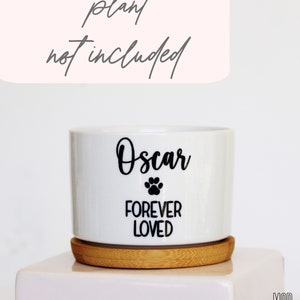 May include: White ceramic planter with a black paw print and the text "Oscar Forever Loved". The planter has a bamboo base.