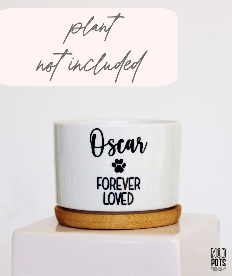 May include: White ceramic planter with a black paw print and the text "Oscar Forever Loved". The planter has a bamboo base.